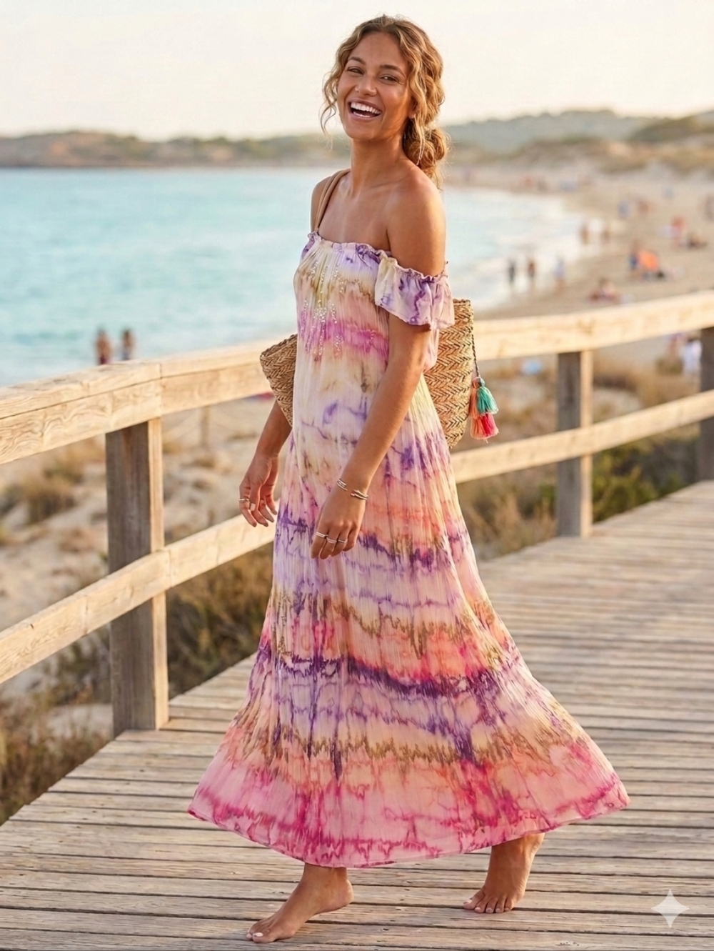 Tie-Dye Off-Shoulder Maxi Dress in Pink, Purple & Gold